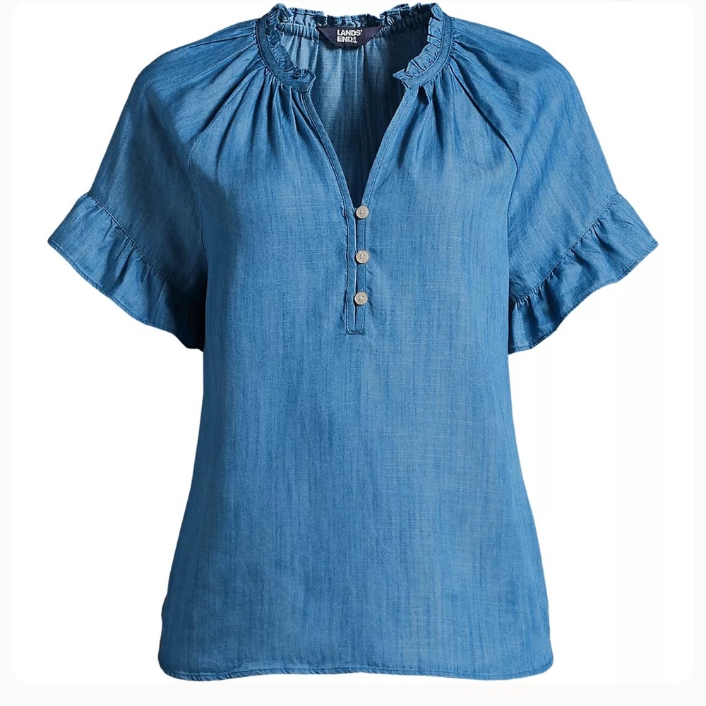 Lands’ End Chambray Ruffle Neck Blouse Medium - Picture 1 of 13